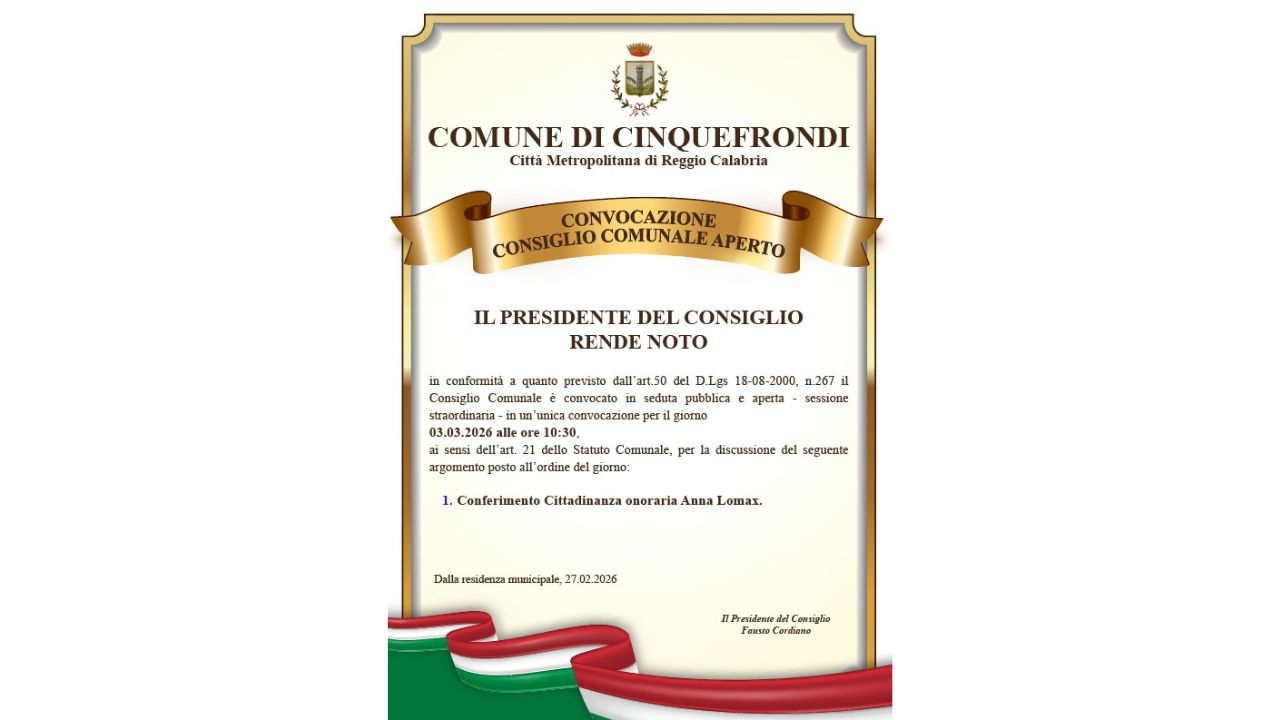 🇮🇹 Cinquefrondi conferisce la cittadinanza onoraria ad Anna Lomax: Consiglio comunale aperto il 3 marzo