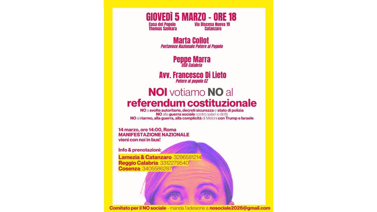 “Blocchiamo il Governo Meloni”: a Catanzaro incontro per il NO sociale al referendum