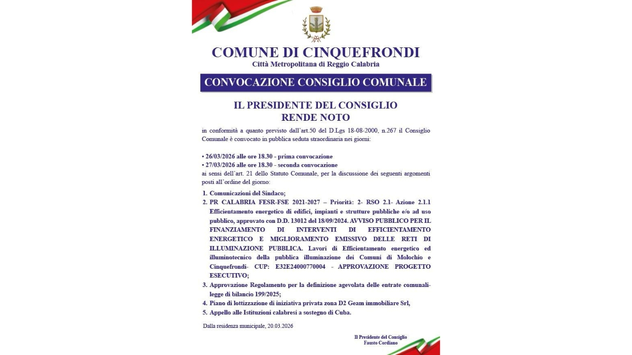 Cinquefrondi, il Consiglio comunale torna in Aula: sul tavolo energia, bilancio e sviluppo del territorio