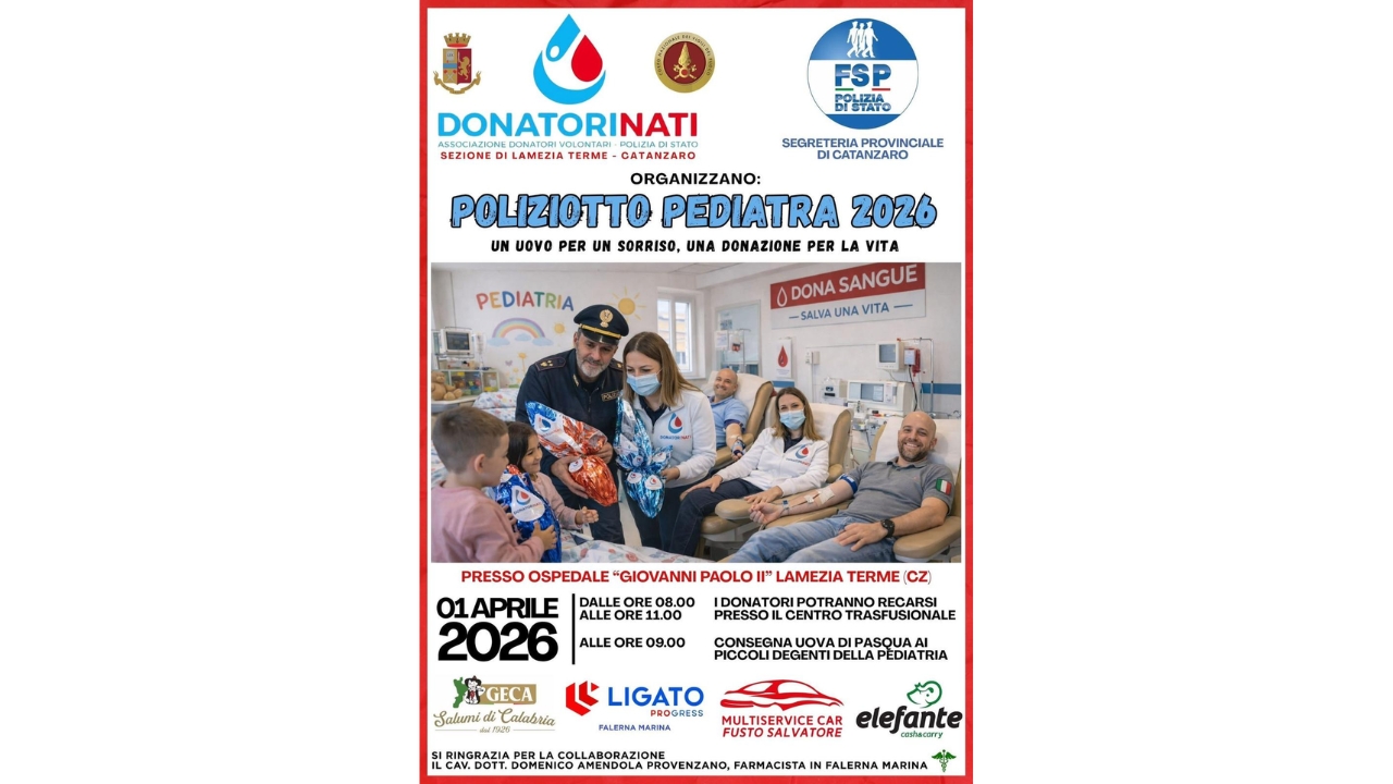 “Poliziotto Pediatra 2026”, a Lamezia Terme la Pasqua della solidarietà: sorrisi, doni e vicinanza ai piccoli pazienti