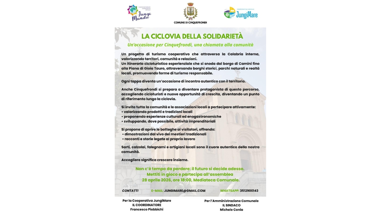 Cinquefrondi accelera sul futuro: domani nasce la “Ciclovia della Solidarietà” per rilanciare economia e territorio