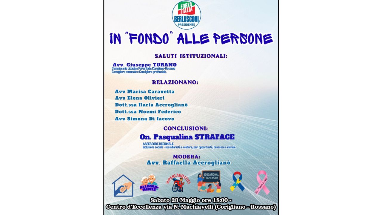 “In fondo alle persone”: welfare, inclusione e sostegno sociale al centro dell’evento di Forza Italia a Corigliano