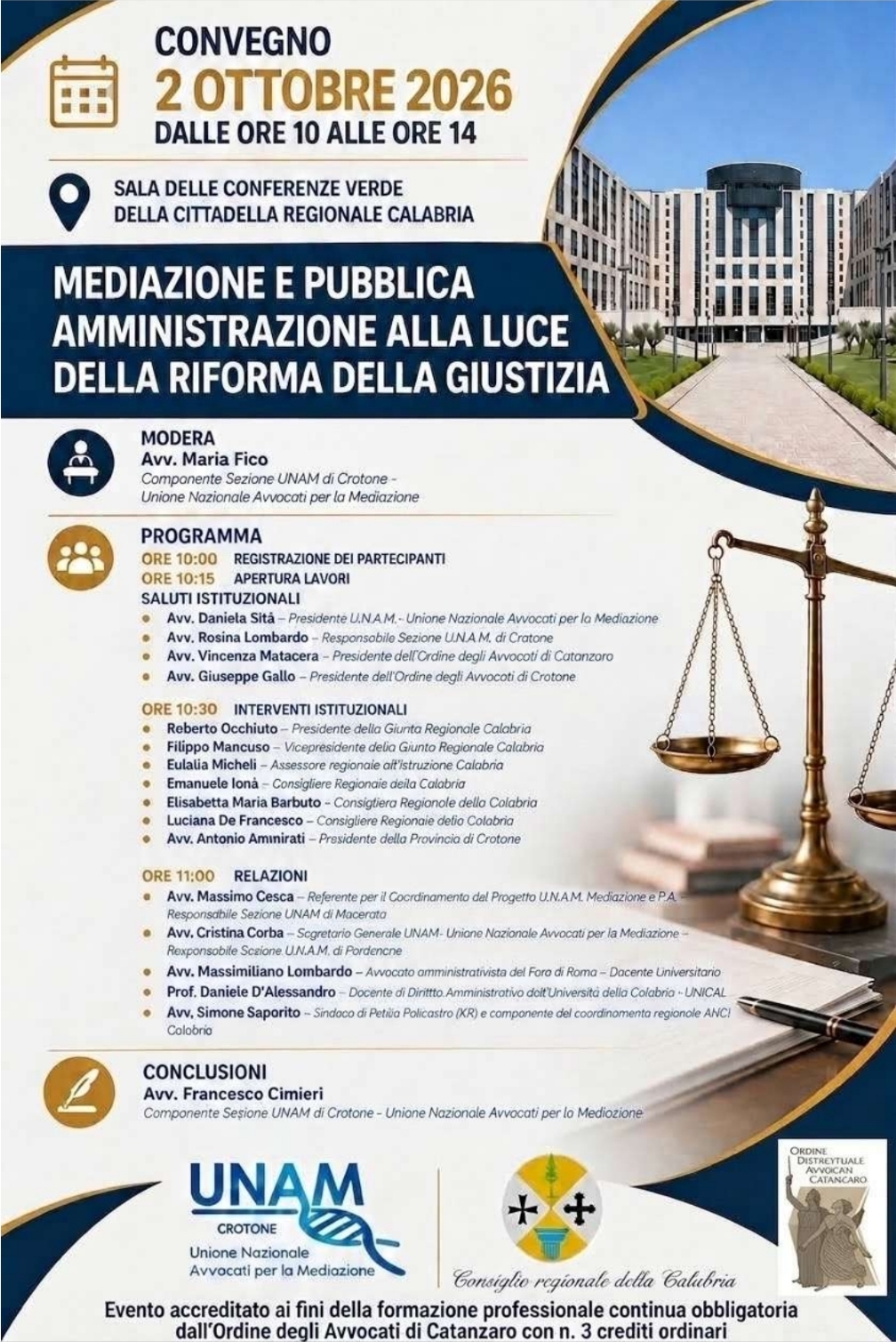 UNAM, nuova sezione a Crotone: il 2 ottobre a Catanzaro il convegno sulla mediazione nella Pubblica amministrazione